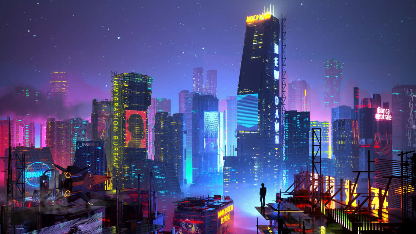 屋頂上一個人凝視著夜晚發光的未來城市的剪影。