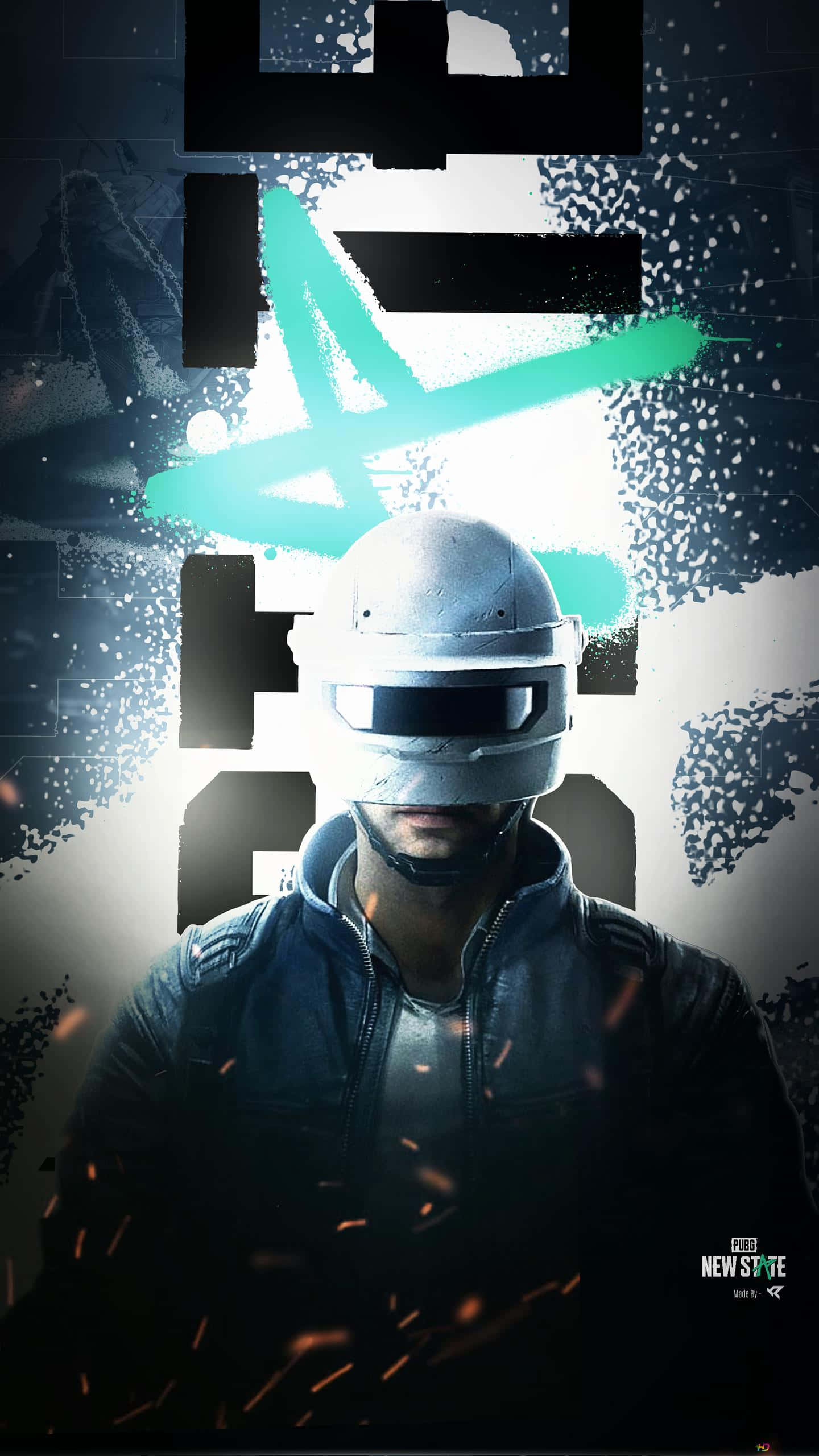 邁向未來大逃殺 — PUBG 新狀態 頭盔男 壁紙 — 一個戴著白色頭盔和黑色外套的人物，站在粗糙的城市背景前，周圍有發光的青綠色塗鴉和飛濺的火花。