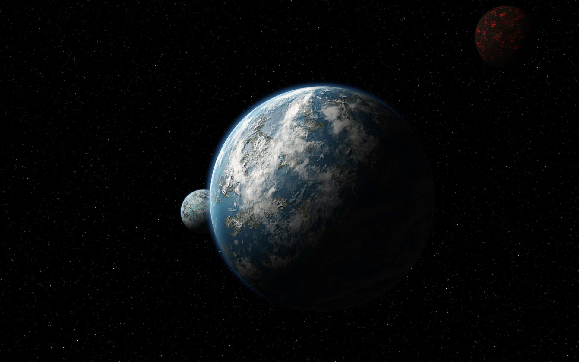 地球有兩個月亮和一顆紅色行星在繁星點點的宇宙中。