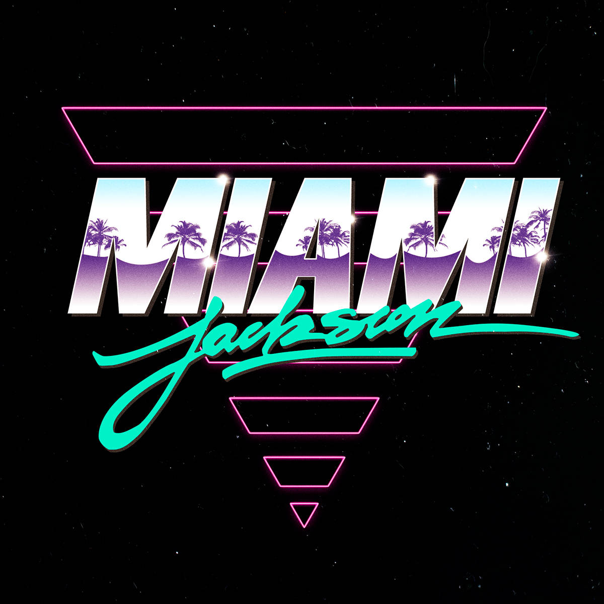 邁阿密傑克遜隊標誌 壁紙 — 鮮豔的霓虹燈牌拼出「MIAMI」，字母內有棕櫚樹剪影，背景是星空夜空。