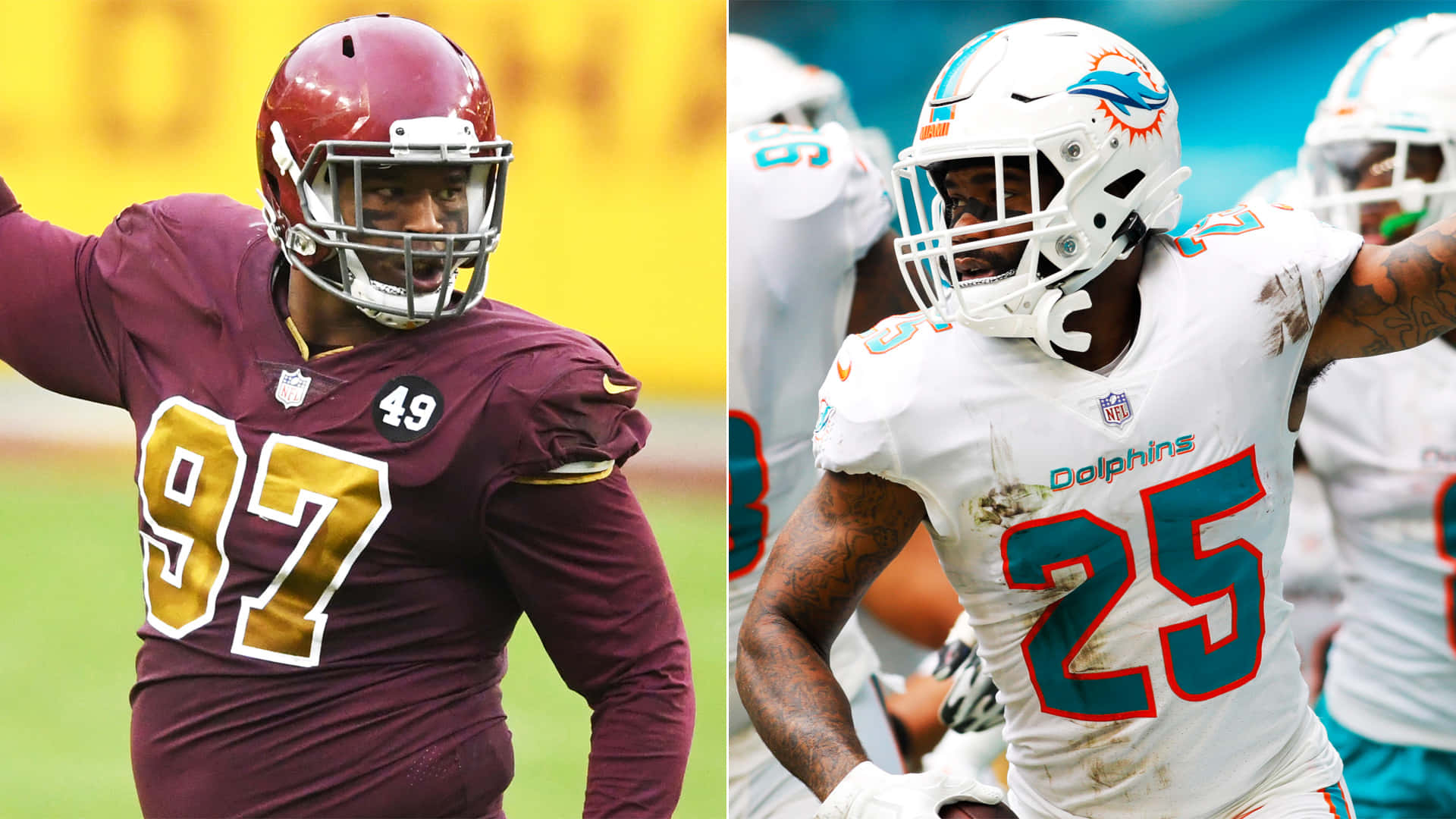 邁阿密海豚隊 25 號 Xavien Howard 壁紙 — 兩名NFL球員在草地上比賽，一人身穿棗紅色49號球衣，另一人身穿白色25號球衣，兩人都戴著頭盔。