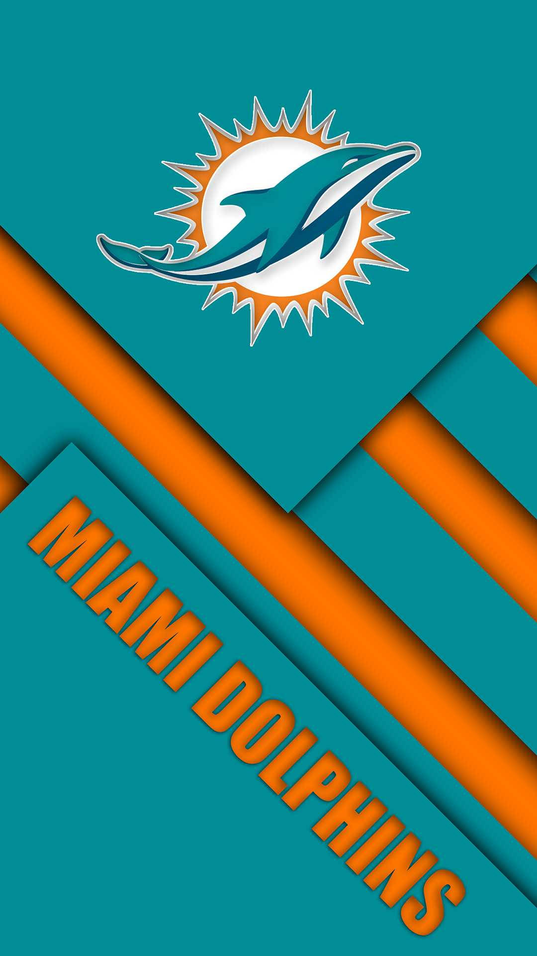 邁阿密海豚隊NFL球隊標誌和名稱，位於青綠色和橙色的幾何背景上。
