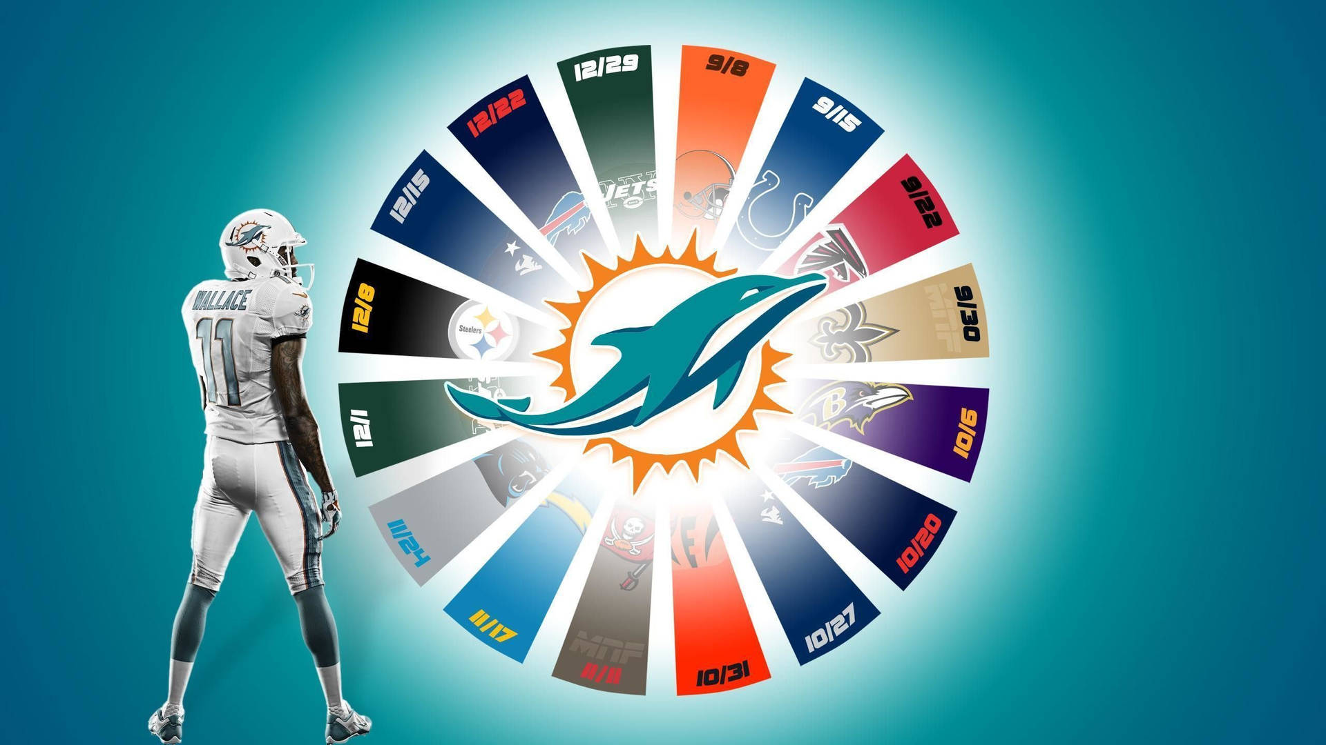 邁阿密海豚隊球員面對圓形NFL賽程圖形，上面有球隊標誌和日期。 — 邁阿密海豚 GIF 壁紙