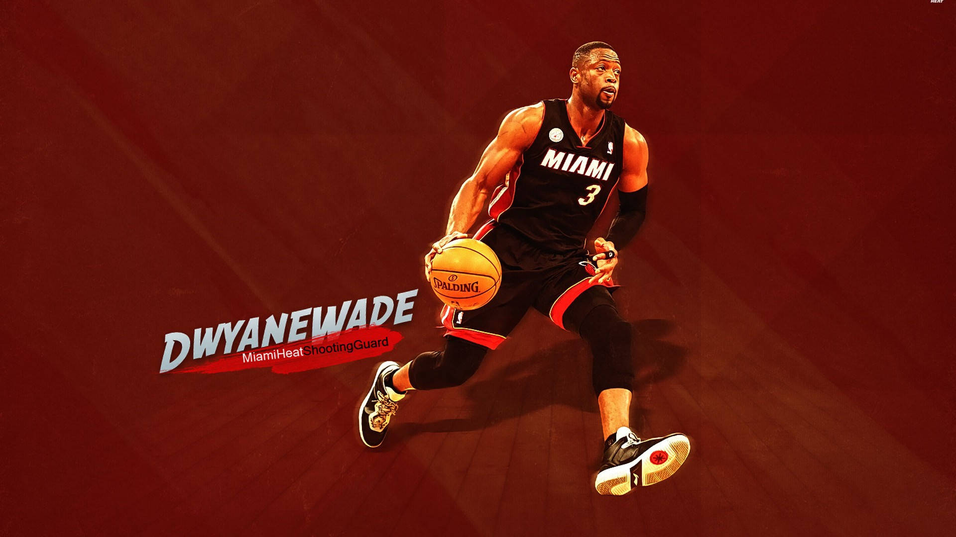 邁阿密熱火隊 Dwayne Wade 壁紙 — Dwyane Wade 身穿邁阿密熱火球衣，在深紅色背景下專注地運球。