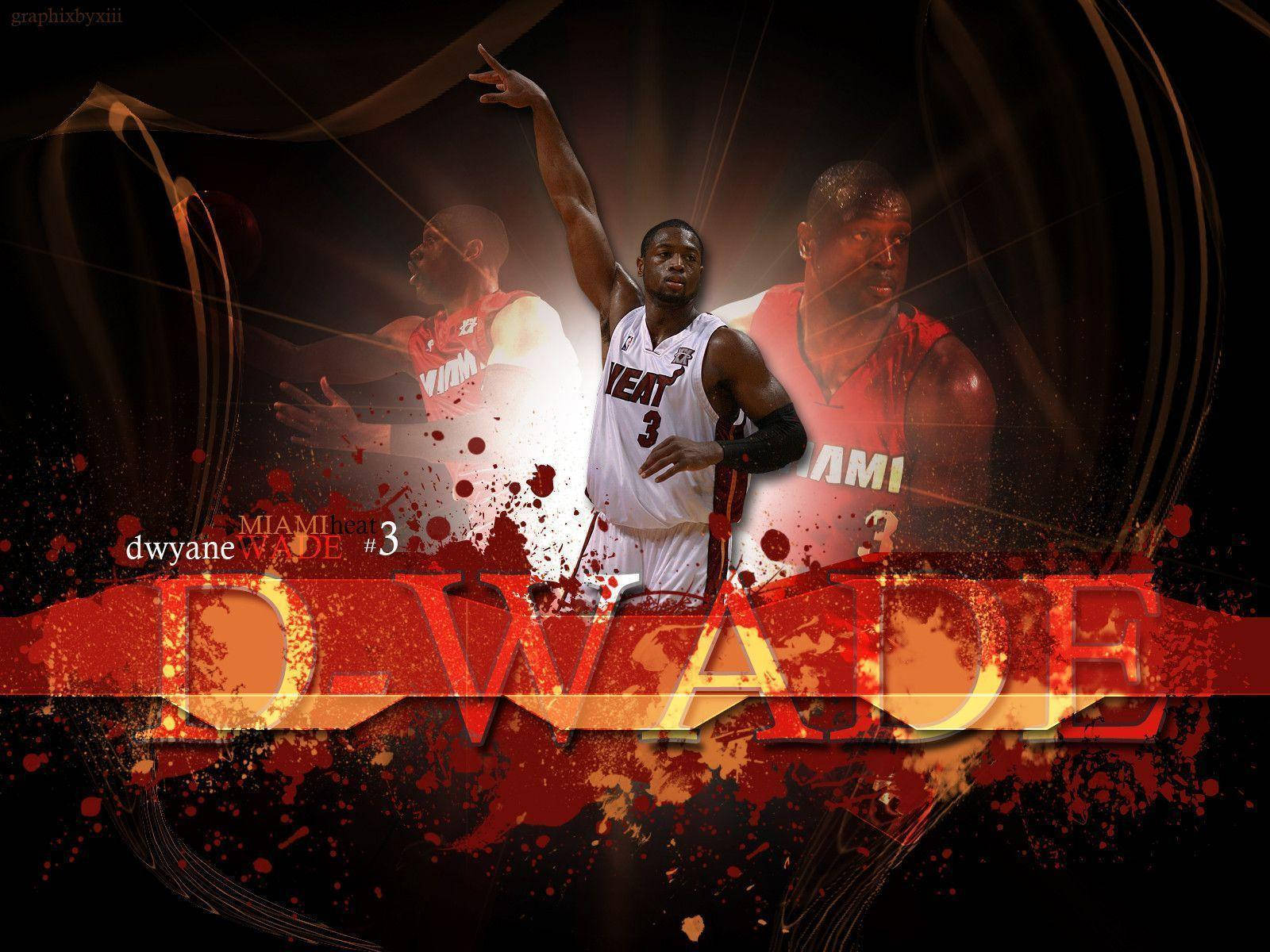 Dwyane Wade 身穿邁阿密熱火球衣，帶有紅色飛濺效果和發光文字。