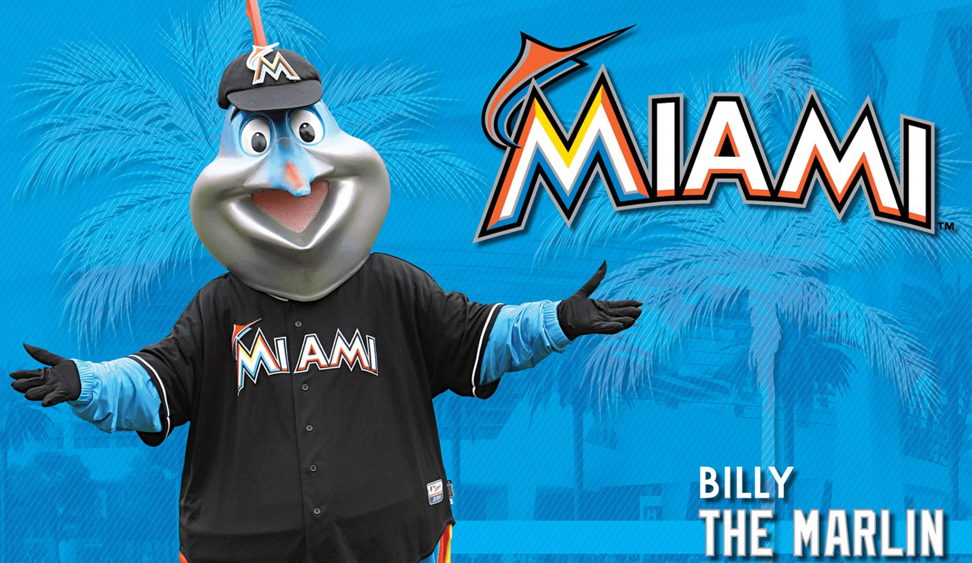 比利馬林魚吉祥物身穿邁阿密棒球服，雙臂張開。