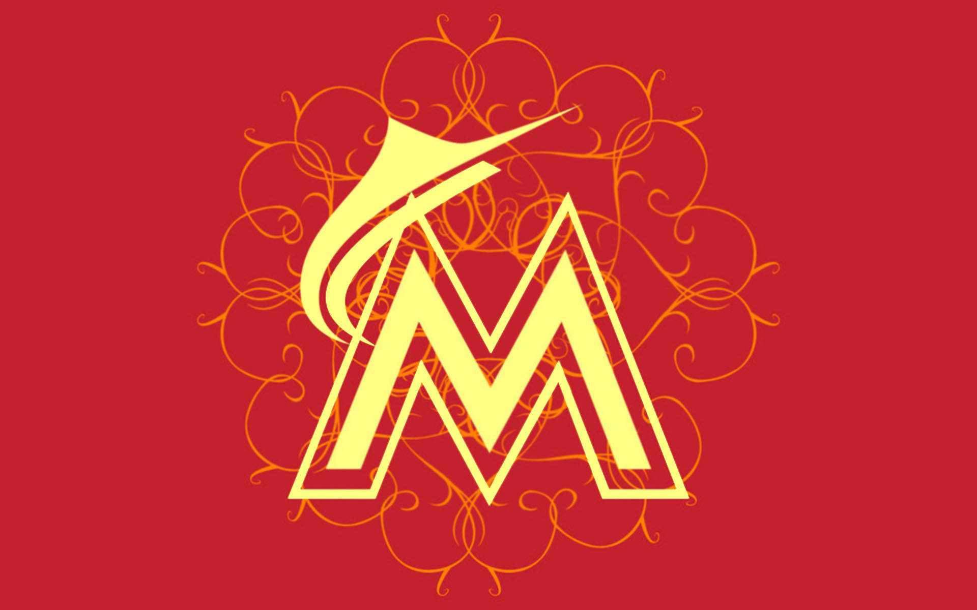 純紅色背景上帶有橙色漩渦的風格化黃色M