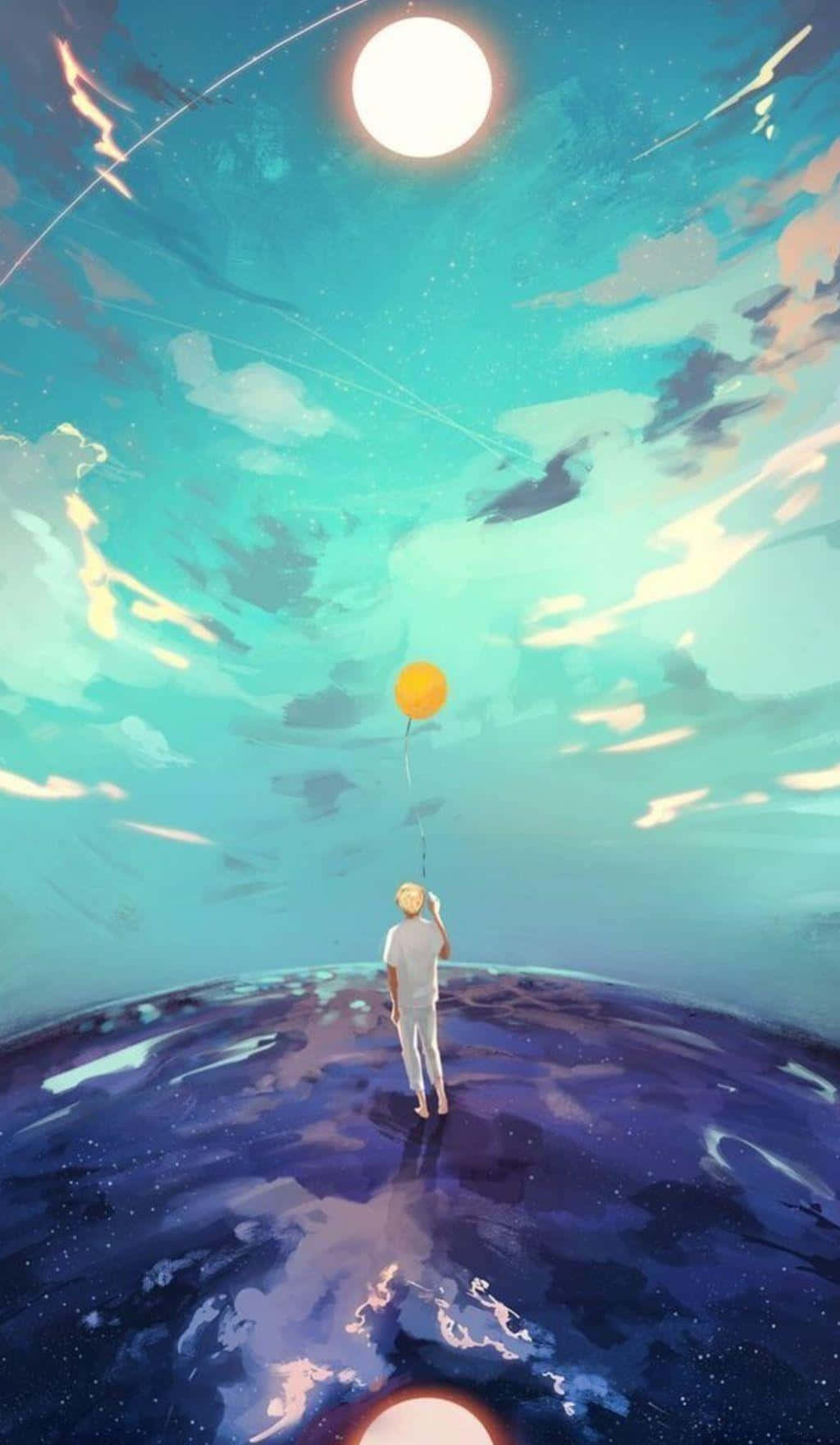 一個穿白色衣服的人站在一個滿天星斗的紫色星球上，在發光的太陽和劃過的流星下拿著一個黃色氣球。