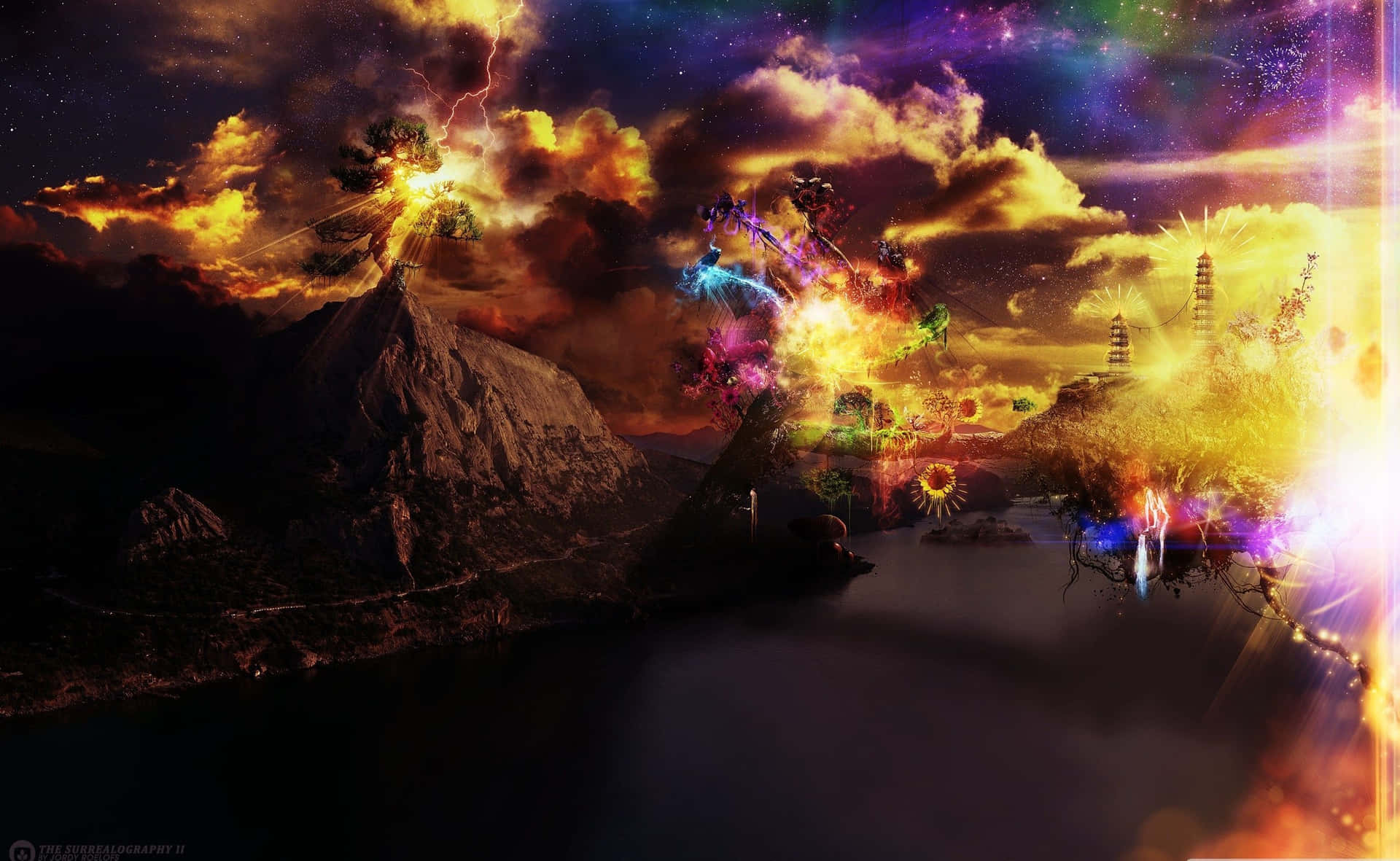 超現實奇幻場景，發光的山脈和宇宙天空倒映在水中。