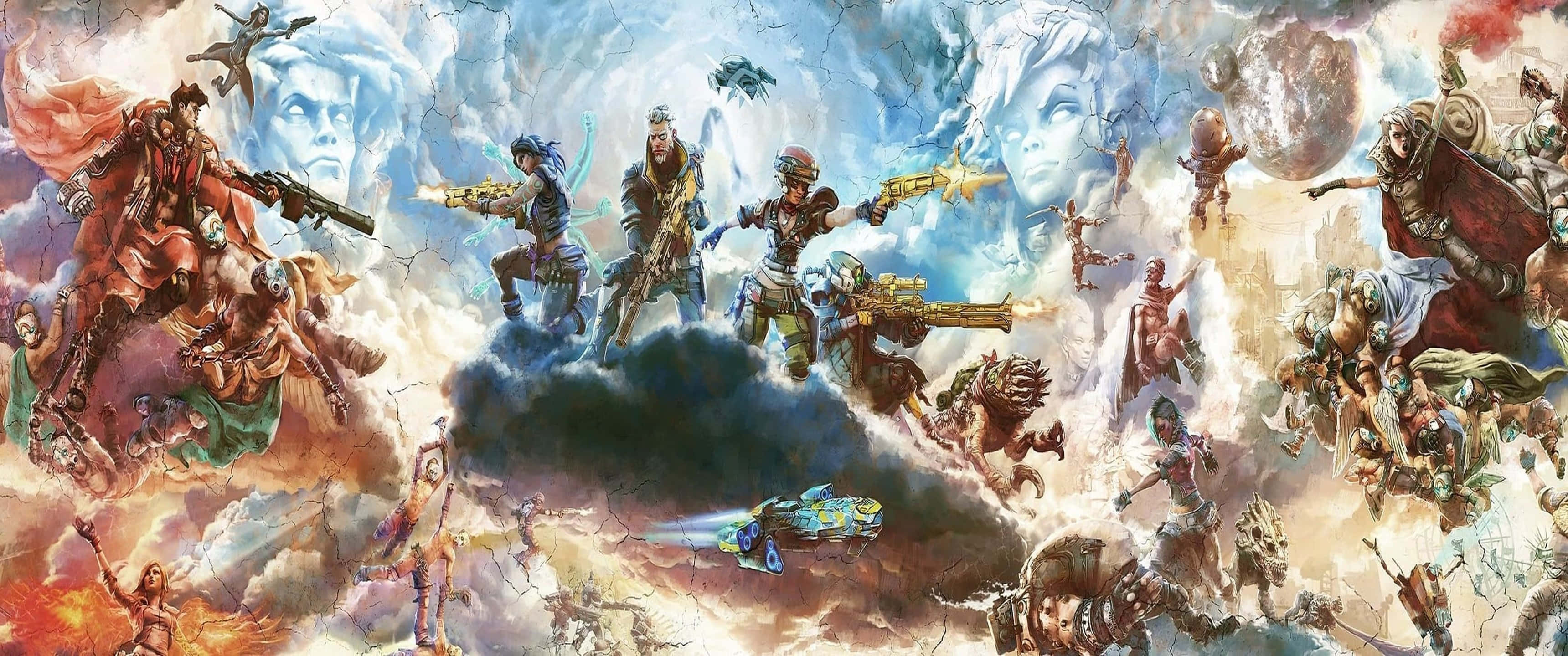 《邊境之地3》3440x1440p 背景：混亂壁畫 壁紙 — 動態奇幻戰鬥場景，戰士與生物在暴風雨的天空和浮島中激烈交鋒。