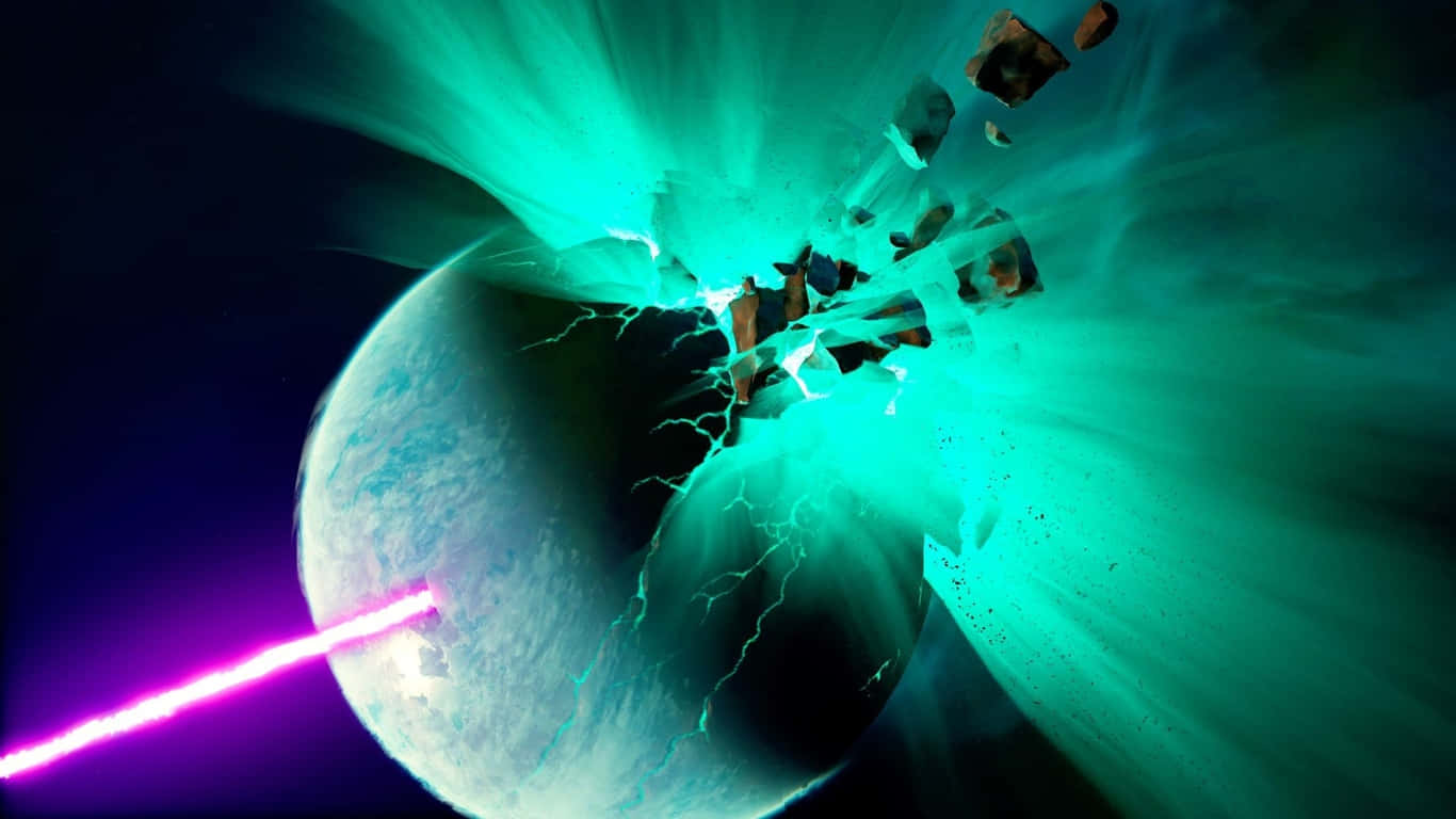 行星在太空中因紫色激光爆炸而爆炸，帶有青綠色能量。