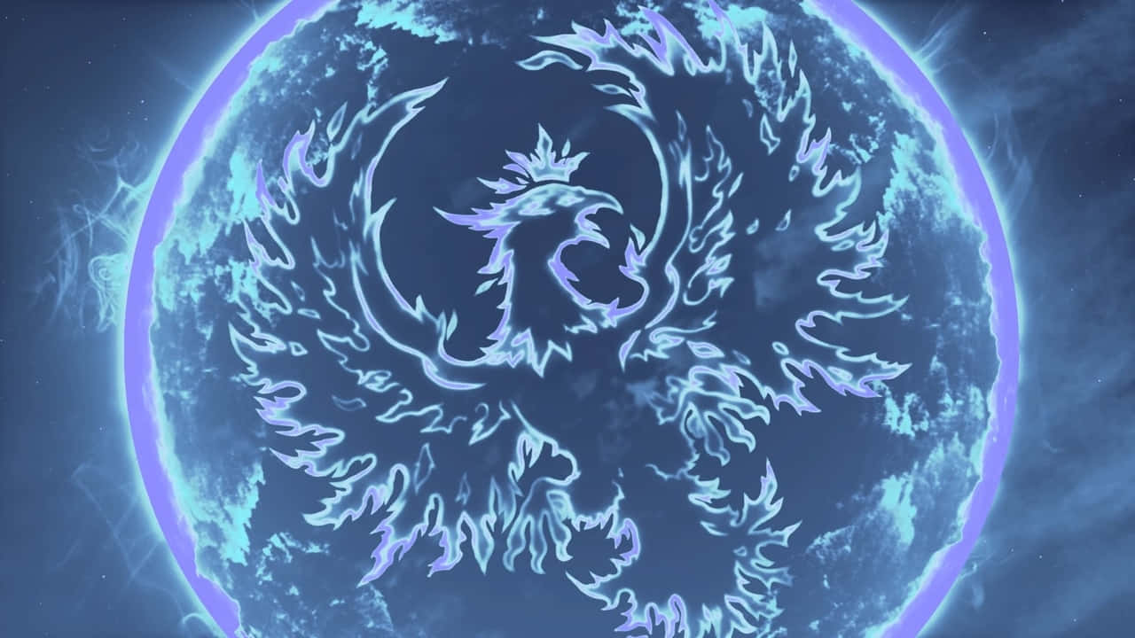 《邊境之地3》藍色火鷹飛行背景（720p） 壁紙 — 一隻發光的藍色鳳凰，帶著火焰翅膀，從宇宙球體中出現，背景是星空虛無。