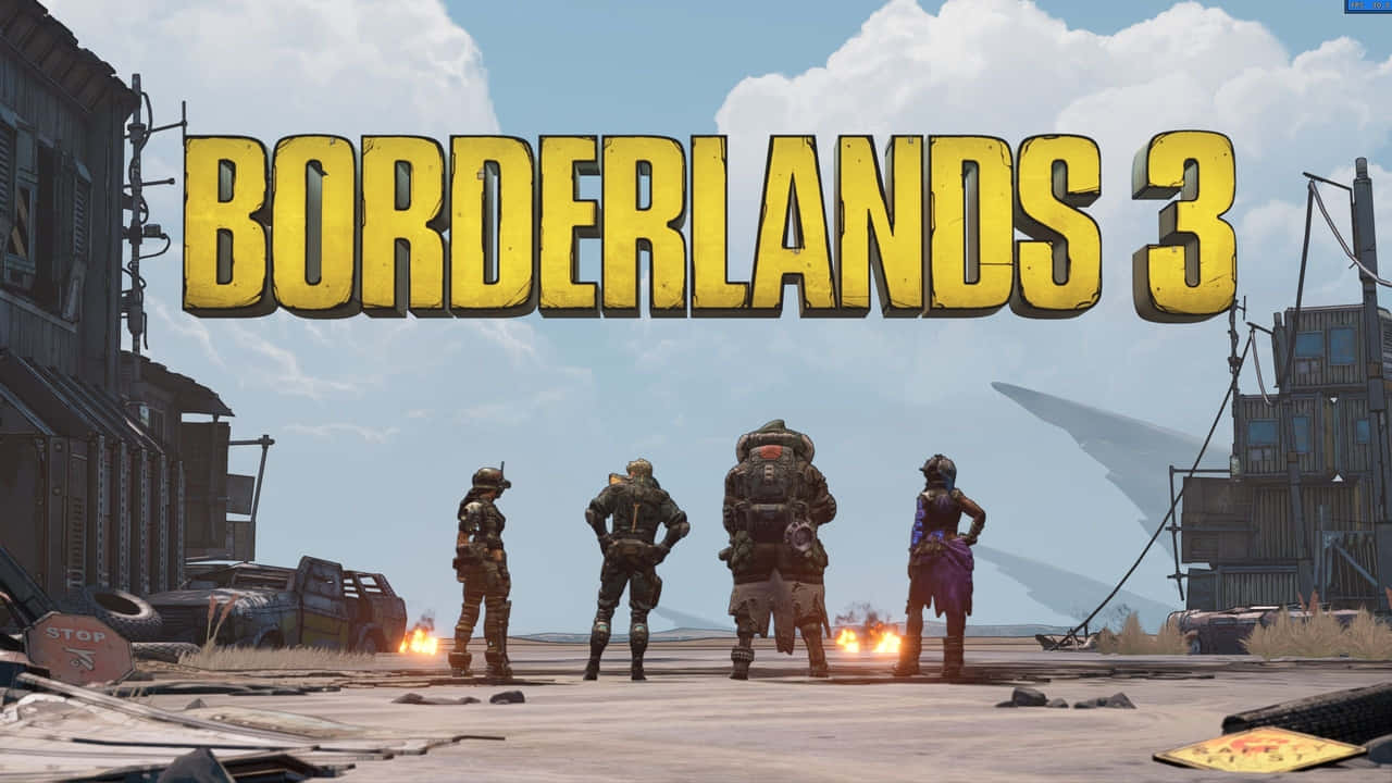 四個裝甲角色在廢棄的沙漠小鎮中，帶有 Borderlands 3 標誌。