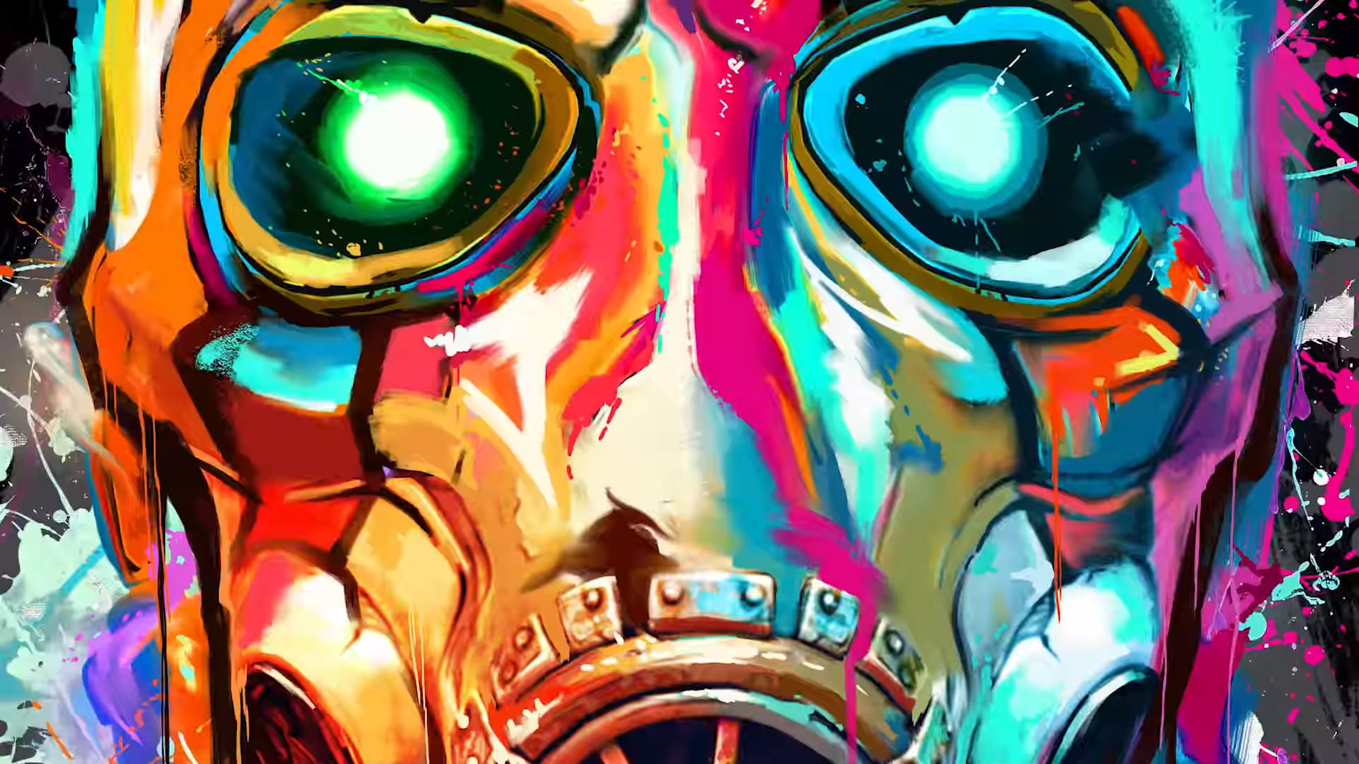 《邊界之地》中令人聞風喪膽的 Psycho 面具圖騰 壁紙 — 一個充滿活力的數碼藝術肖像，描繪了一個風格化的面孔，帶有發光的綠色眼睛和色彩繽紛的油漆飛濺。