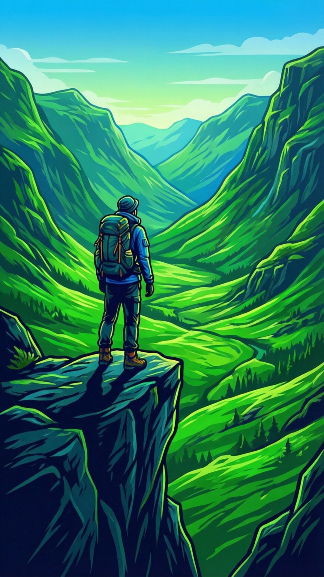 徒步旅行者站在懸崖邊緣，俯瞰鬱鬱蔥蔥的綠色山谷和山脈