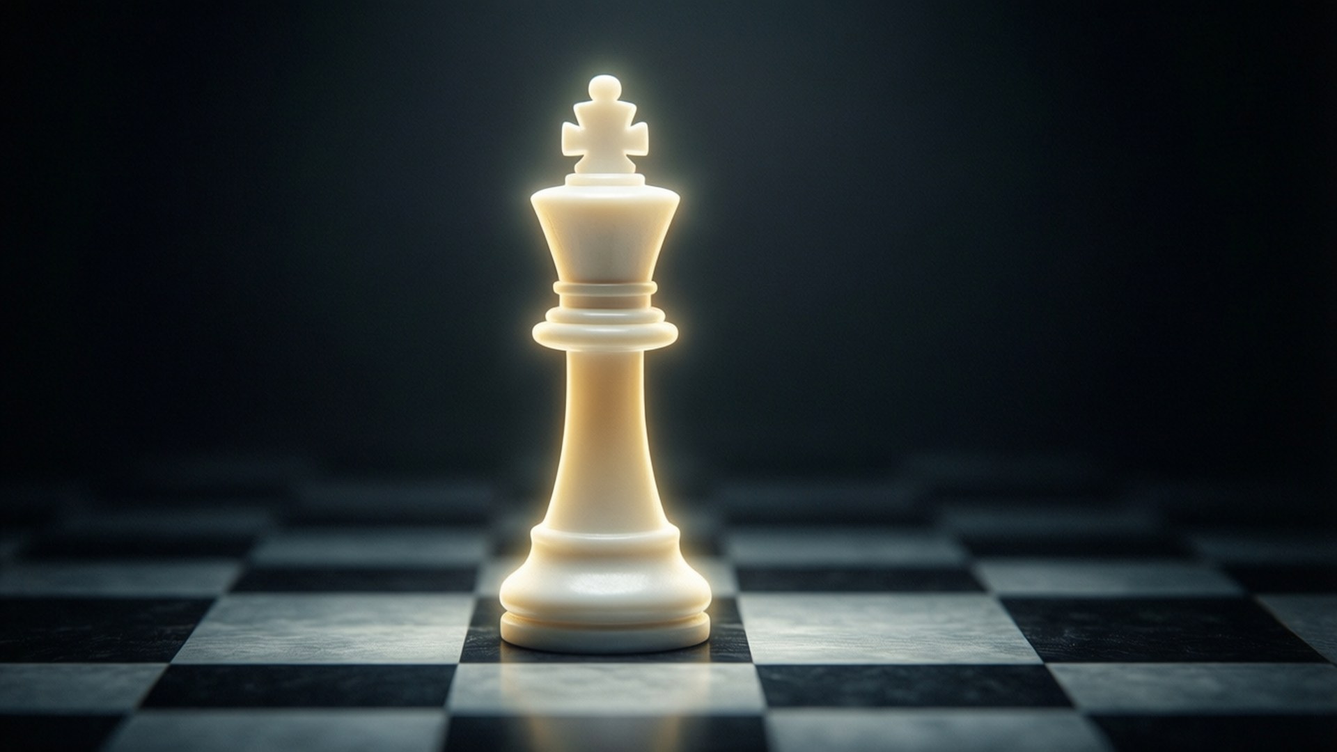 邏輯之王 壁紙 — 一個白色國王棋子立於棋盤上，在黑暗背景中發光。