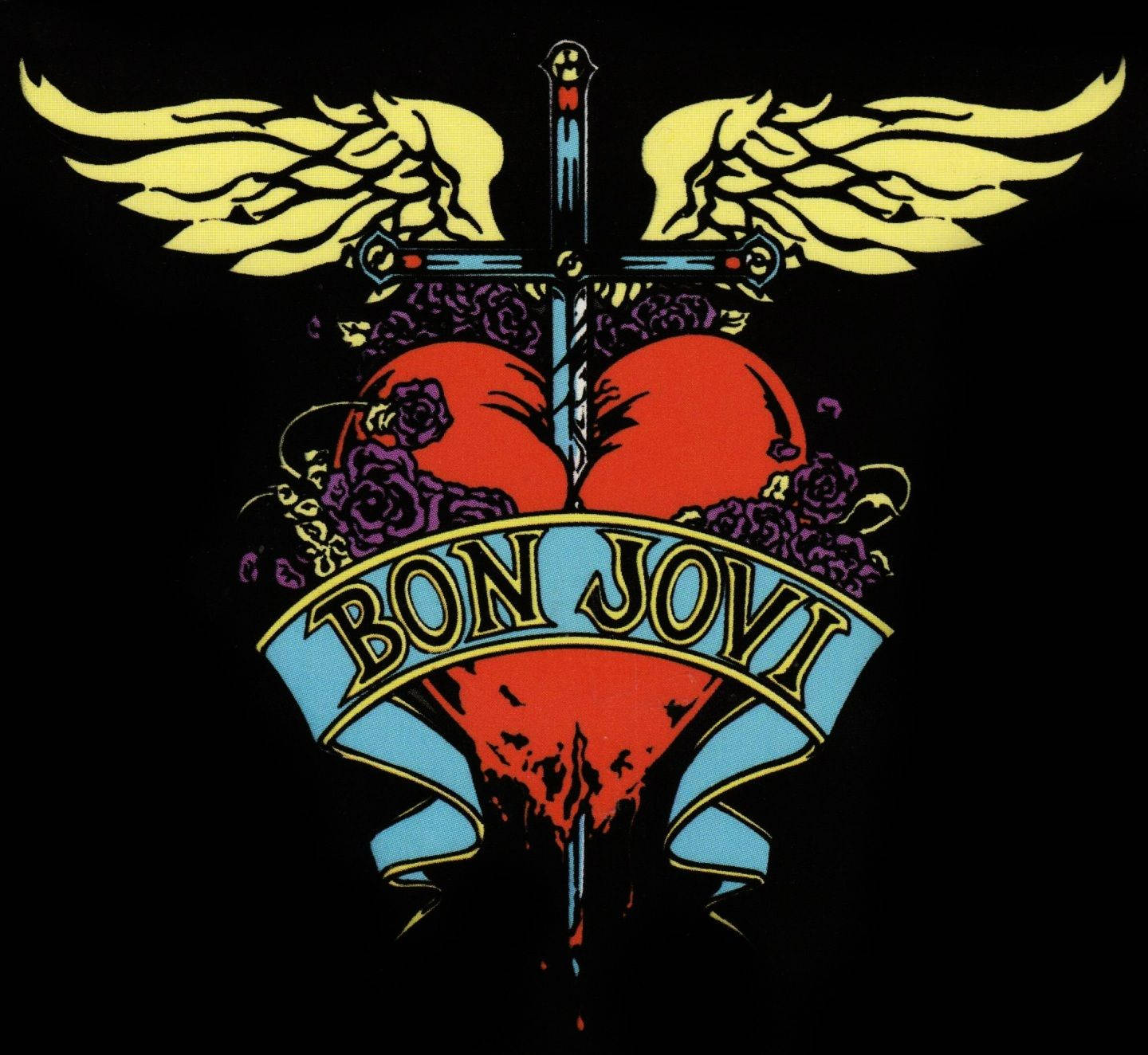 Bon Jovi 標誌，劍穿心、翅膀和玫瑰，黑色背景。
