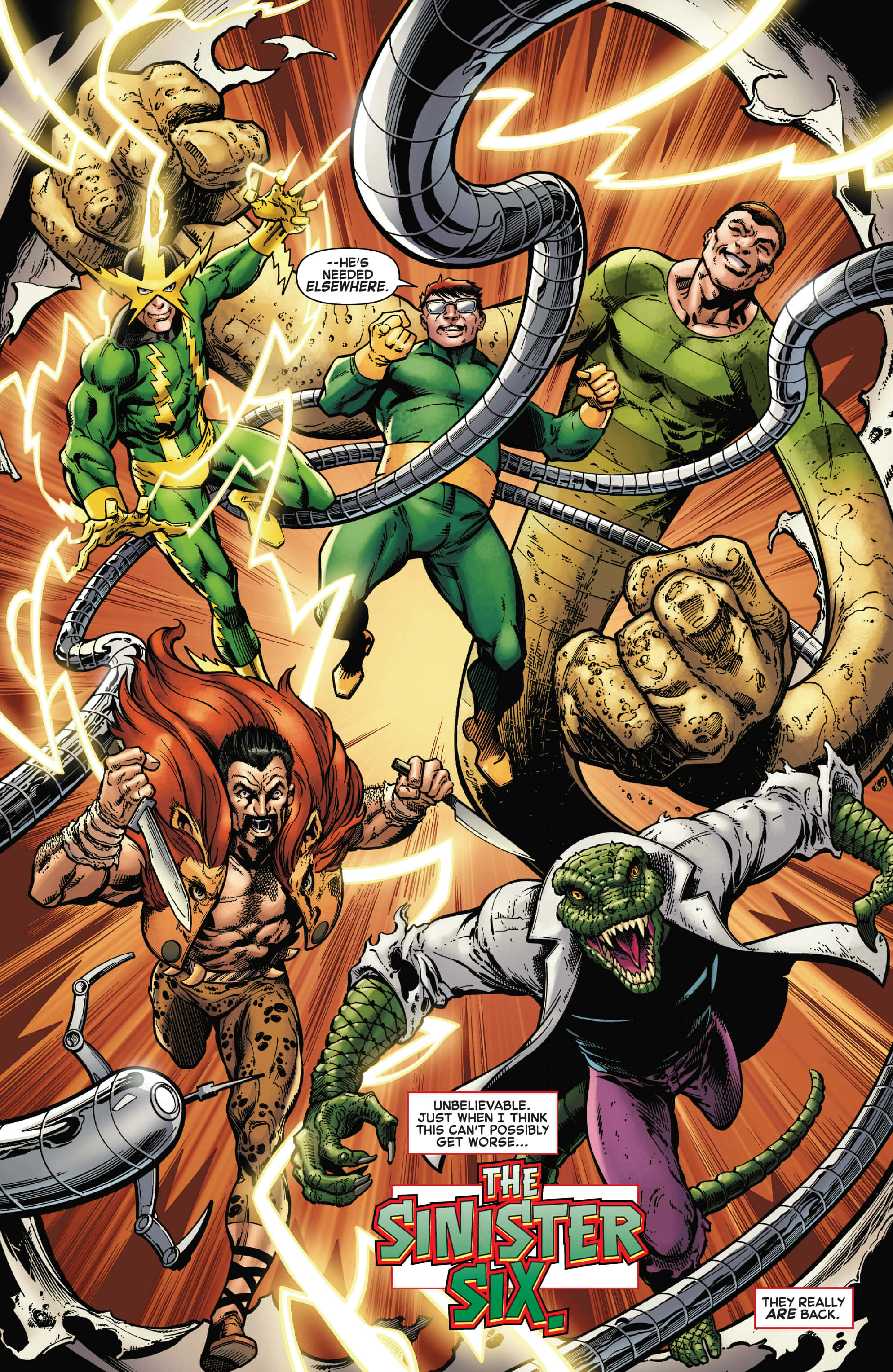 Sinister Six 桌布 壁紙 — 《邪惡六人組》漫畫書中的反派以動態姿勢和電能效果在熾熱的橙色背景上向前衝刺。