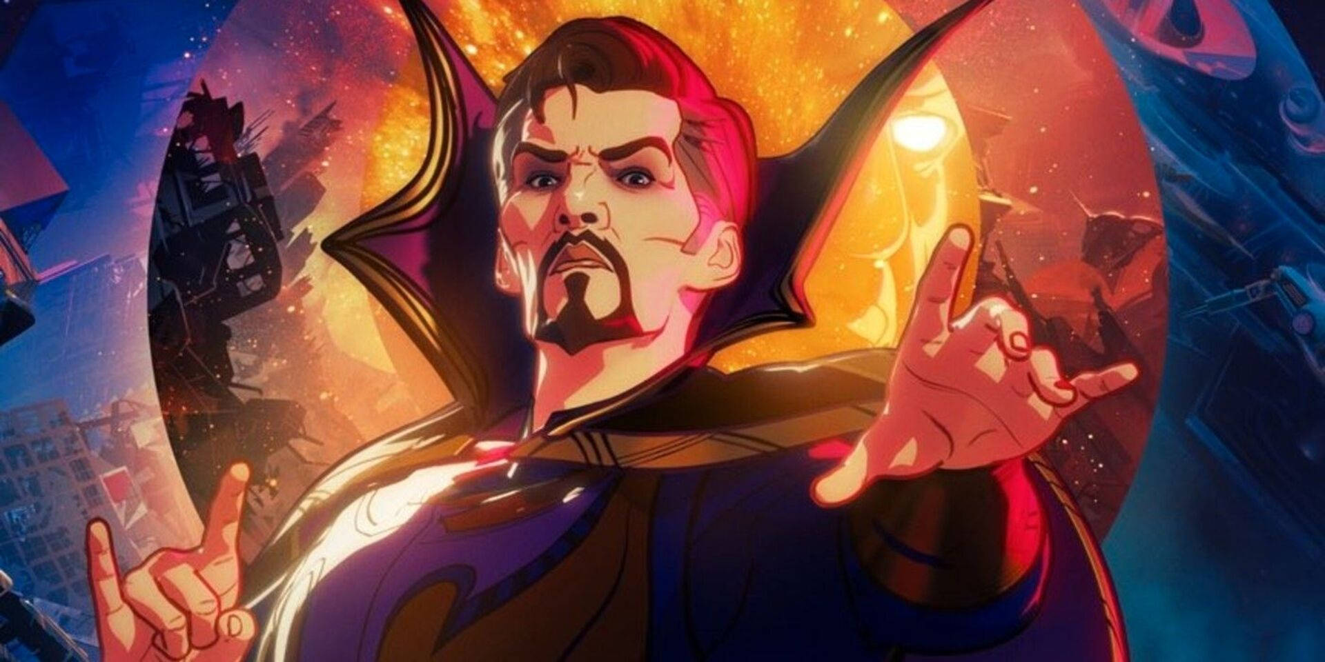 奇異博士在宇宙傳送門中施展魔法，身後有熾熱的星星。