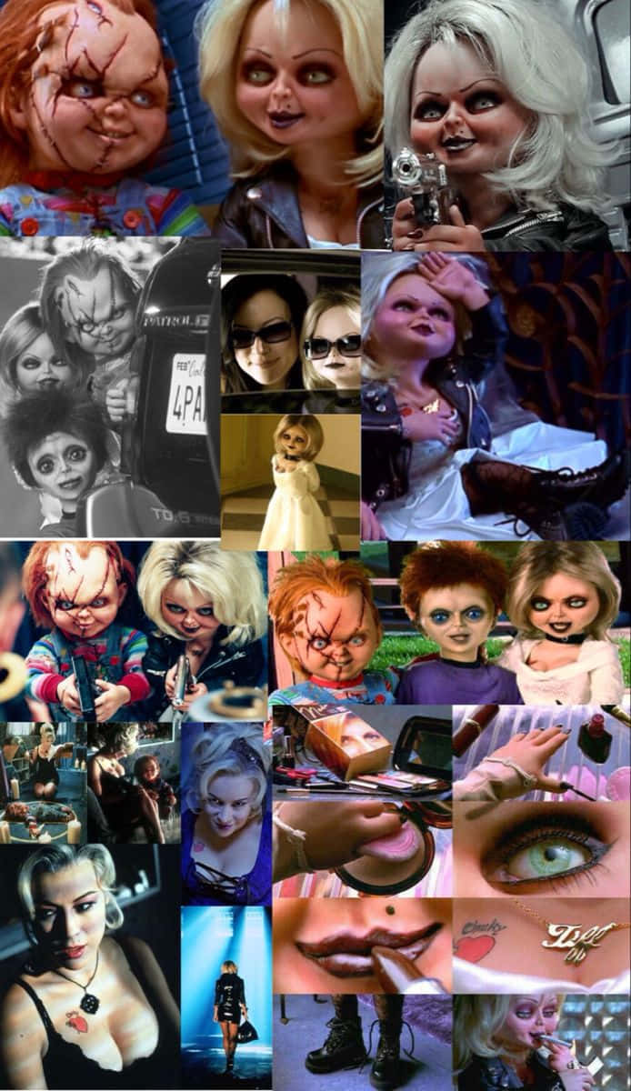 恐怖電影角色 Chucky 和他的女性對手的拼貼畫，各種場景。