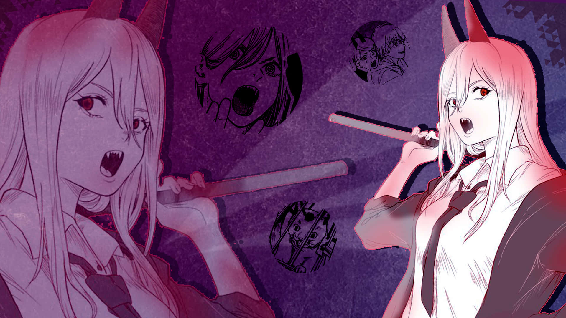 兩個有角的動漫女孩在深紫色場景中漂浮的尖叫面孔中揮舞警棍。