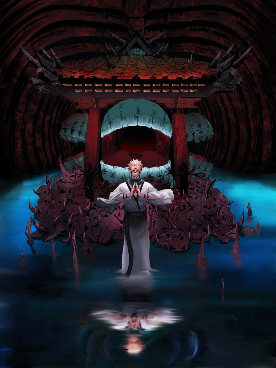 動漫角色在藍色水中，面前是黑暗隧道中的巨大嘴巴神社。