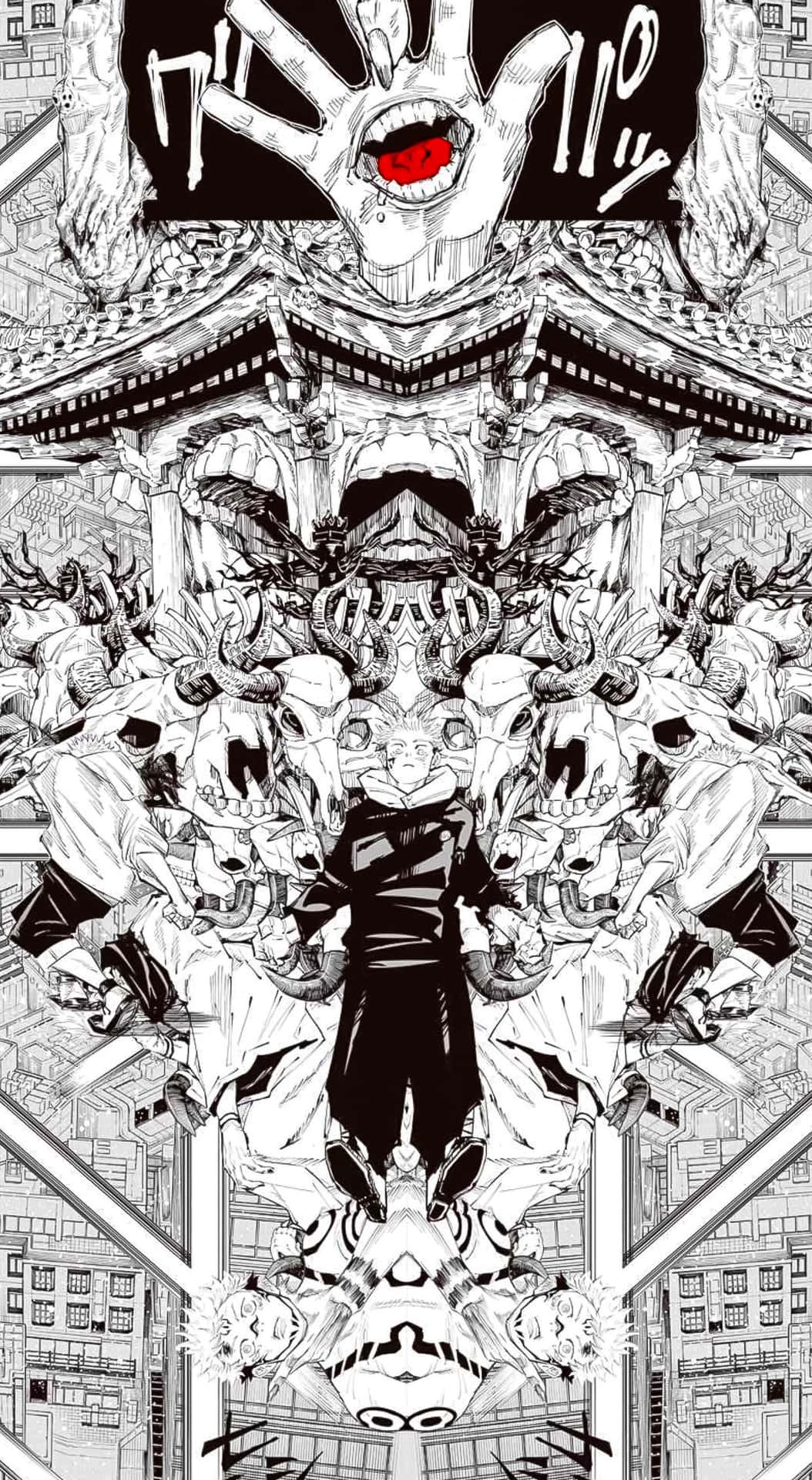 動漫角色在鏡像城市場景中被惡魔面孔包圍。