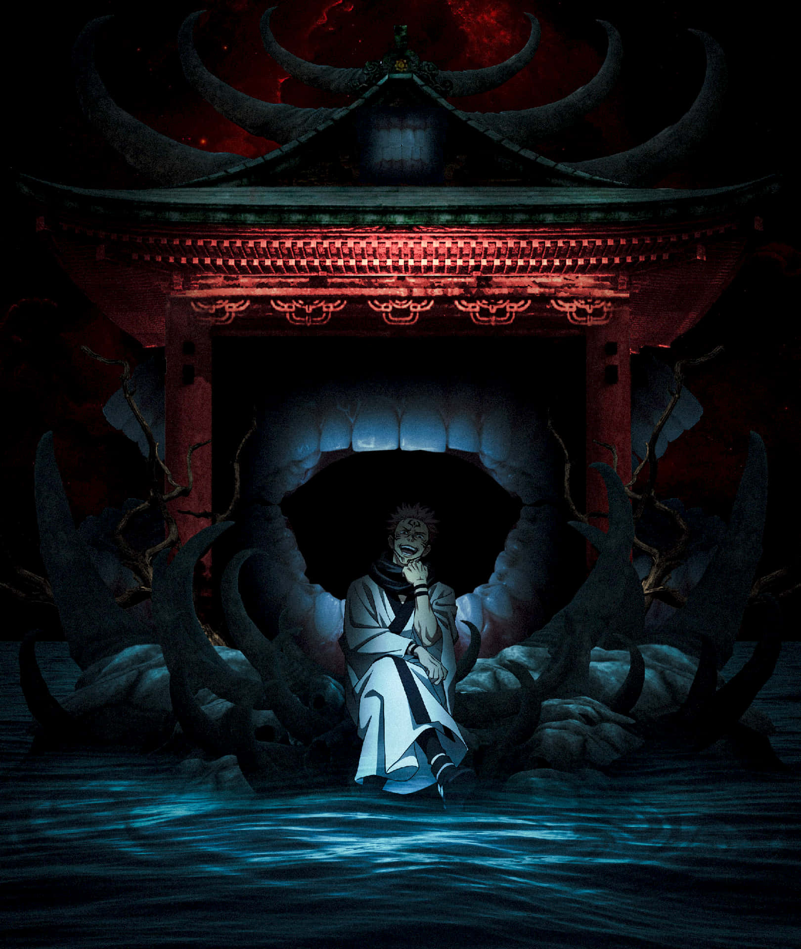 夜晚在紅色惡魔神社下的藍色水中的動漫角色。