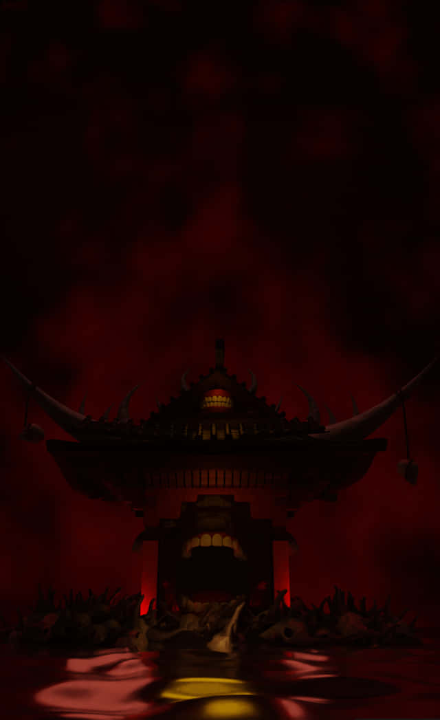 一個帶有發光眼睛和角的惡魔神廟從紅色的水中升起，在深紅色的天空下。
