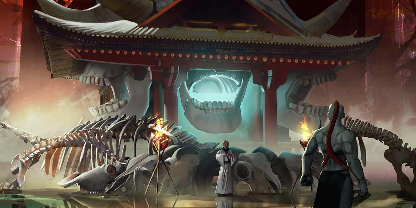 兩名動漫戰士面對一座由巨大骨頭建造的神殿，天空如火般燃燒。