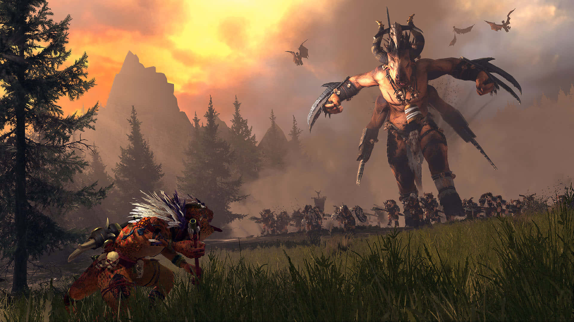 邪惡秘術 1920x1080 Total War Warhammer 背景 壁紙 — 一個巨大的有角戰士，帶著利爪，在日落時分衝過草地，而一個較小的戰士準備戰鬥。