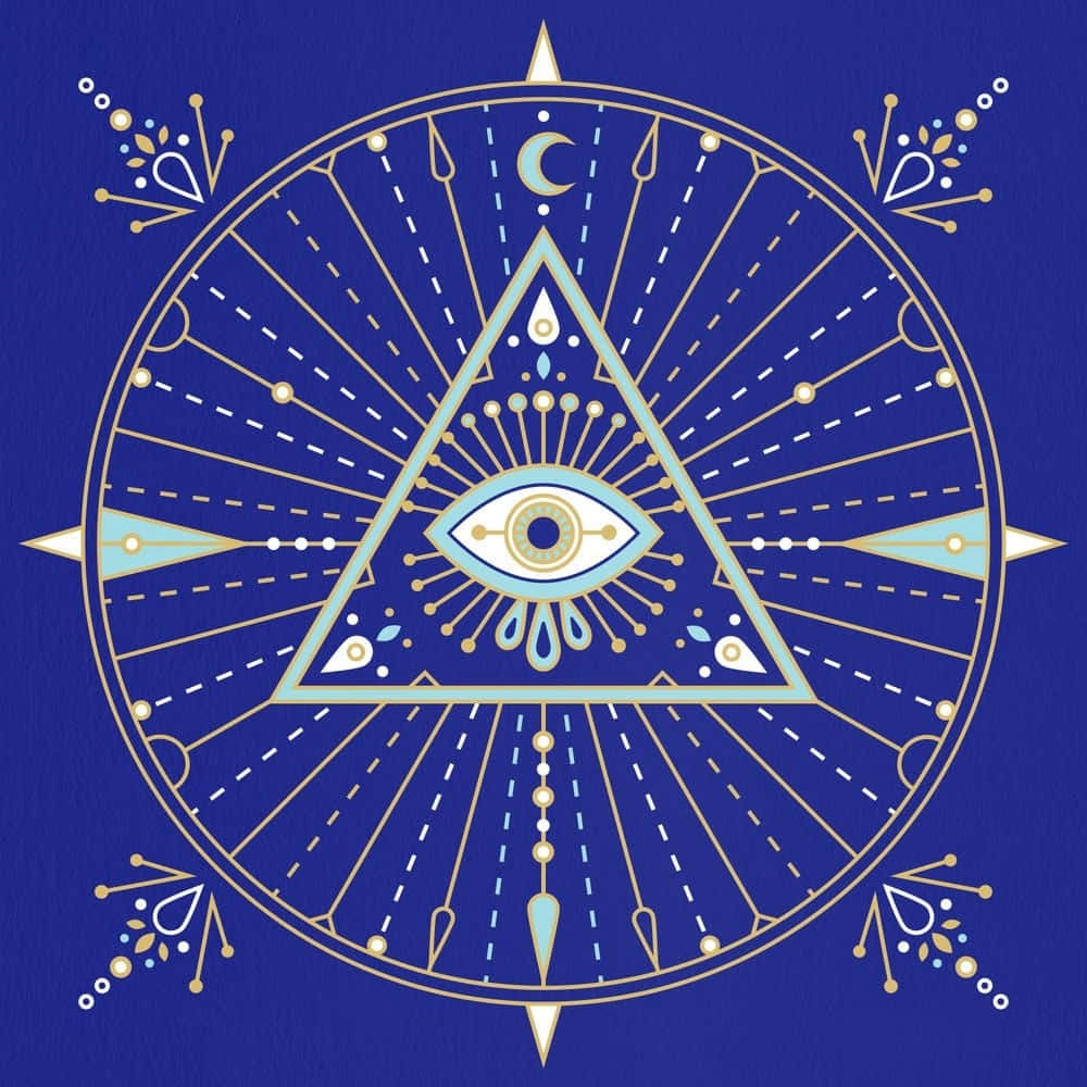 藍色背景上三角形和圓圈內的神秘眼睛符號，帶金色細節