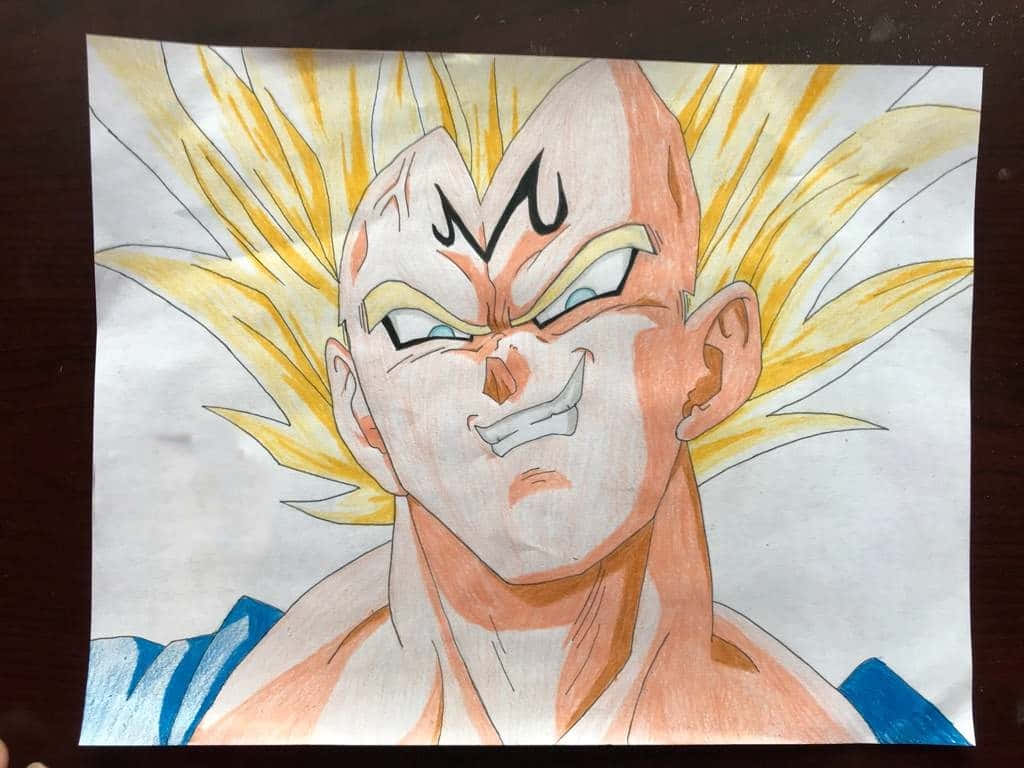 邪神貝吉塔展現最強笑容 壁紙 — 一個手繪動漫肖像，描繪一位肌肉發達、擁有金色尖刺頭髮和銳利藍色眼睛、身穿藍色盔甲的男人。