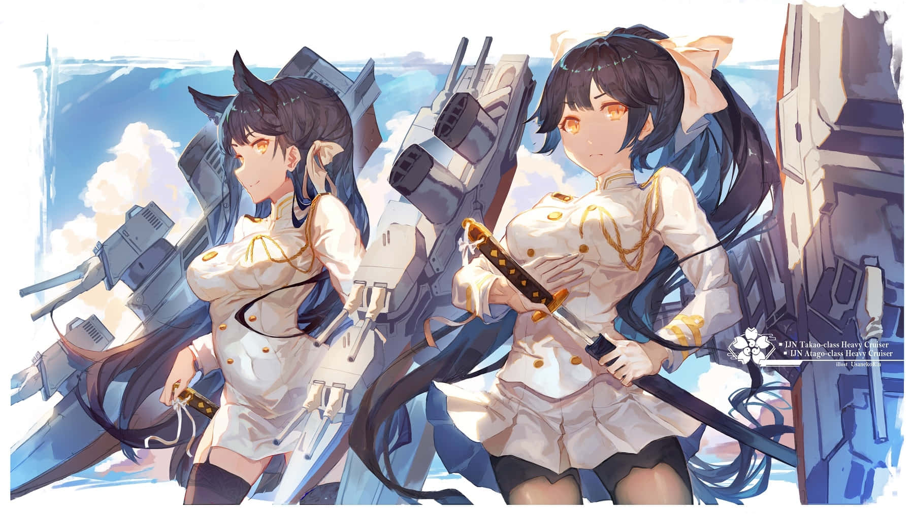 兩個動漫少女穿著海軍制服，手持劍站在戰艦炮旁。
