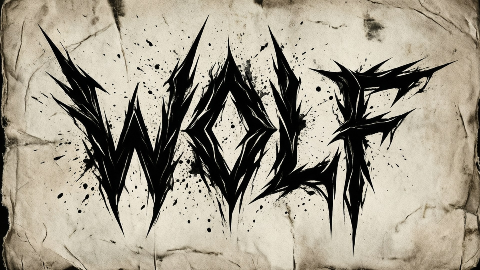 「WOLF」呢個詞以銳利黑色字體同飛濺效果呈現喺有紋理嘅羊皮紙上。