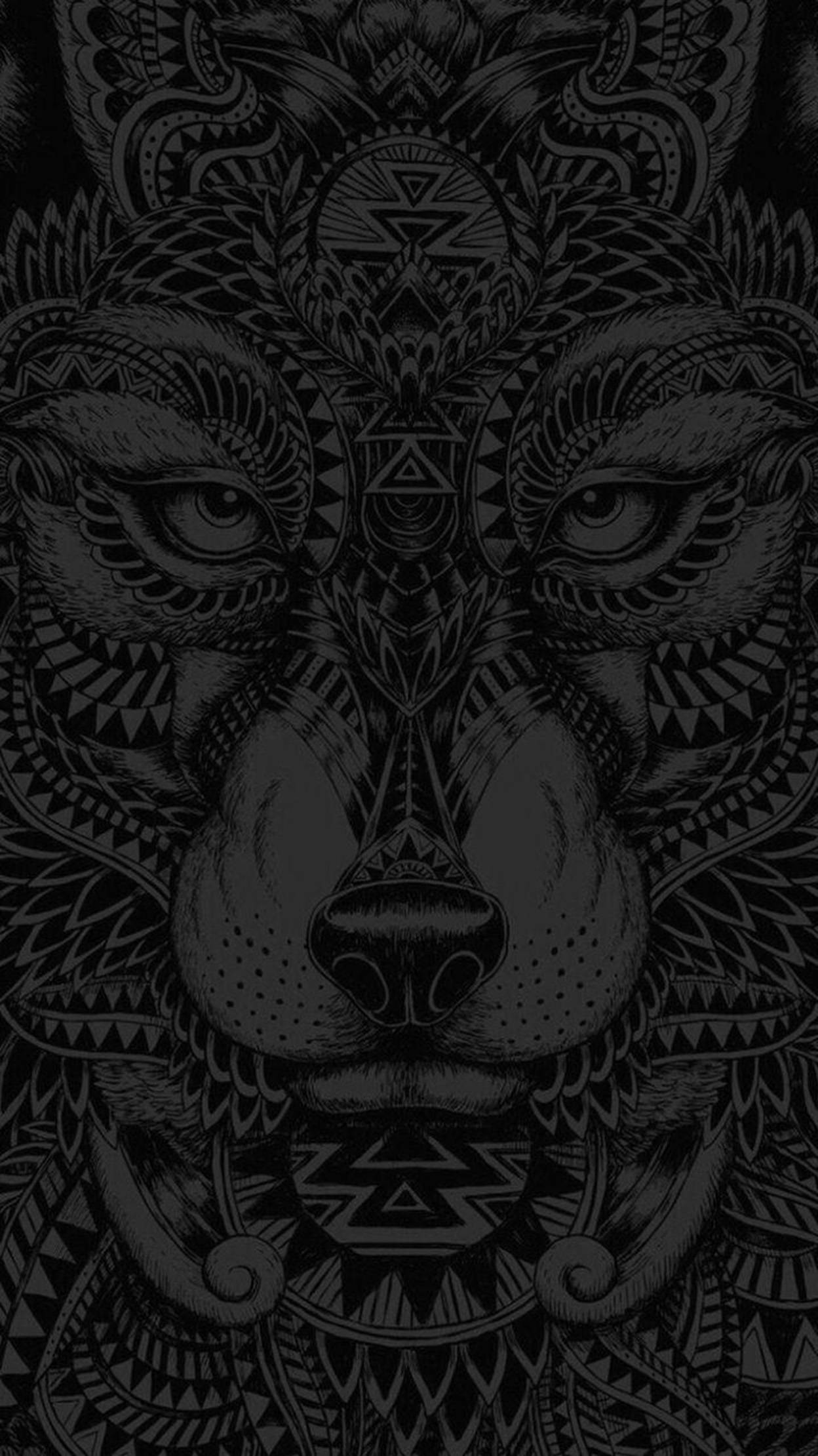 部落狼風酷iPhone設計 壁紙 — 獅子臉部的對稱黑白插圖，飾有複雜的部落圖案和幾何設計。