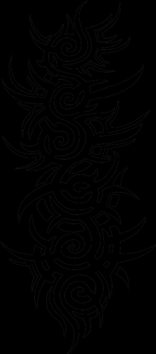 部落紋身設計黑色背景 壁紙 — 一個高大的垂直部落紋身設計，帶有漩渦圖案和銳利的角形元素，以白色蝕刻在純黑色背景上。