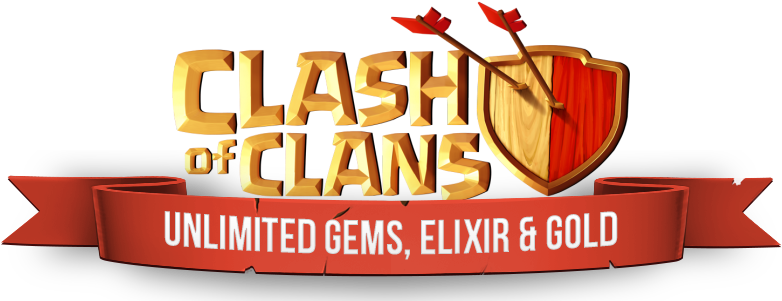 部落衝突：皇室戰爭標誌宣傳圖 壁紙 — 大膽的金色Clash of Clans標誌，帶有盾牌和箭頭，紅色橫幅上宣傳無限寶石、靈藥和金幣。