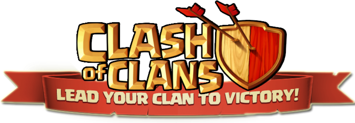 部落衝突：皇室戰爭遊戲標誌 壁紙 — 大膽的金色Clash of Clans標誌，帶有紅色盾牌和箭頭，在紅色橫幅上宣告lead your clan to victory。