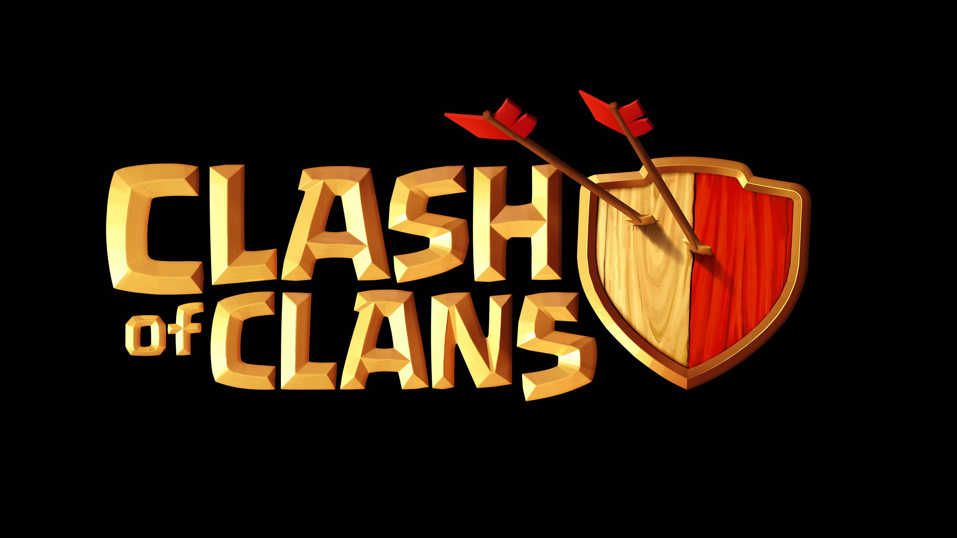 部落衝突 遊戲標誌 壁紙 — 金色3D Clash of Clans標誌，帶有盾牌和箭頭，背景為黑色。