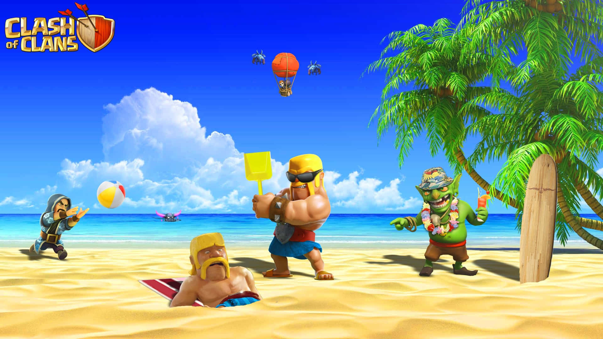Clash of Clans 角色在陽光明媚的海灘度假中享受棕櫚樹和熱氣球。