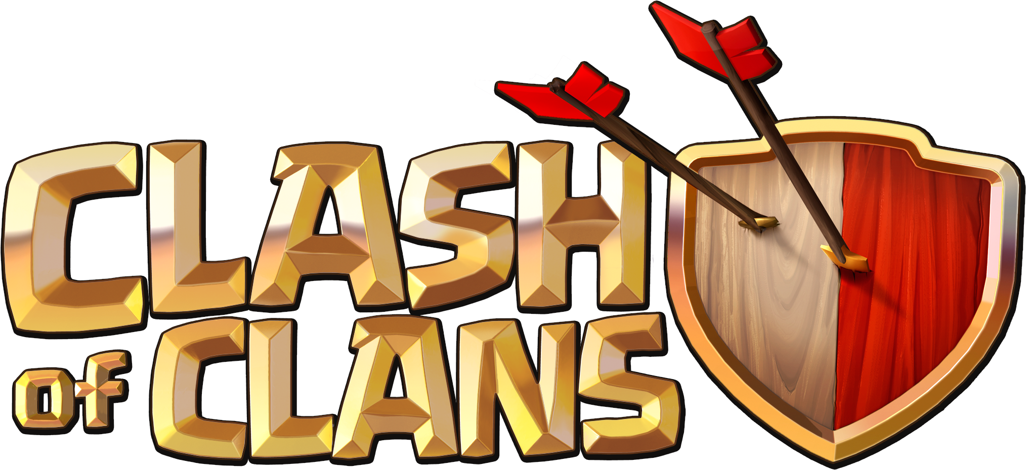 部落衝突遊戲標誌 壁紙 — 金色3D文字顯示Clash of Clans，兩支紅色箭頭刺穿木質和紅色盾牌，背景為黑色。