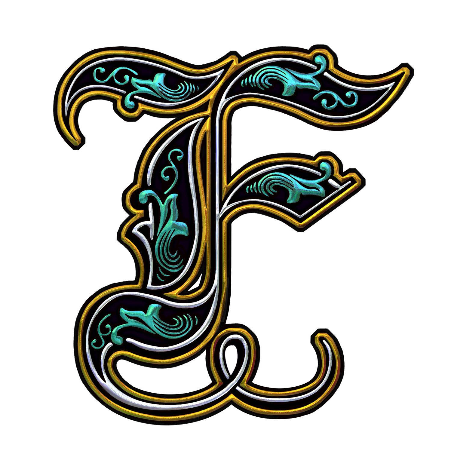 風格化的字母F，帶有金色、銀色和藍綠色的裝飾漩渦。