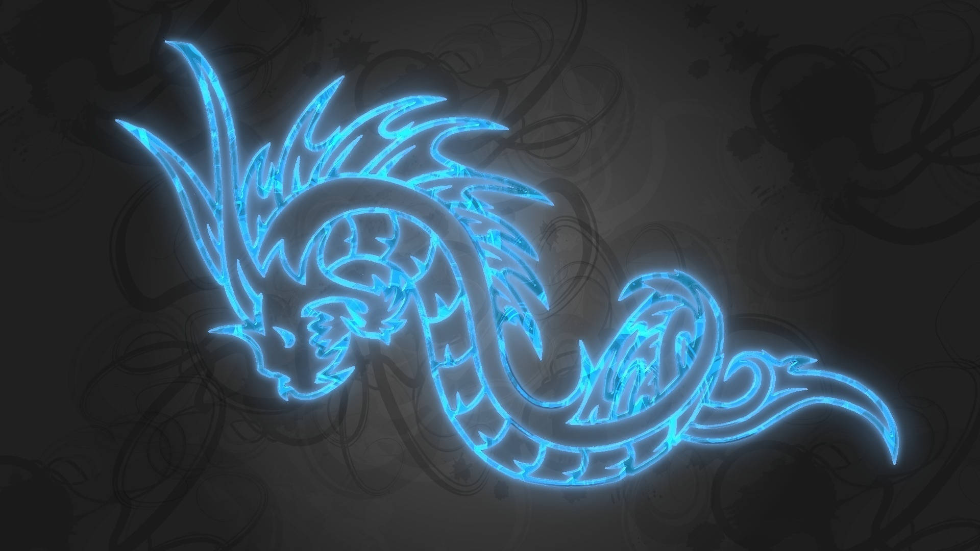 發光藍色霓虹龍，帶有部落設計，在黑暗旋轉背景上