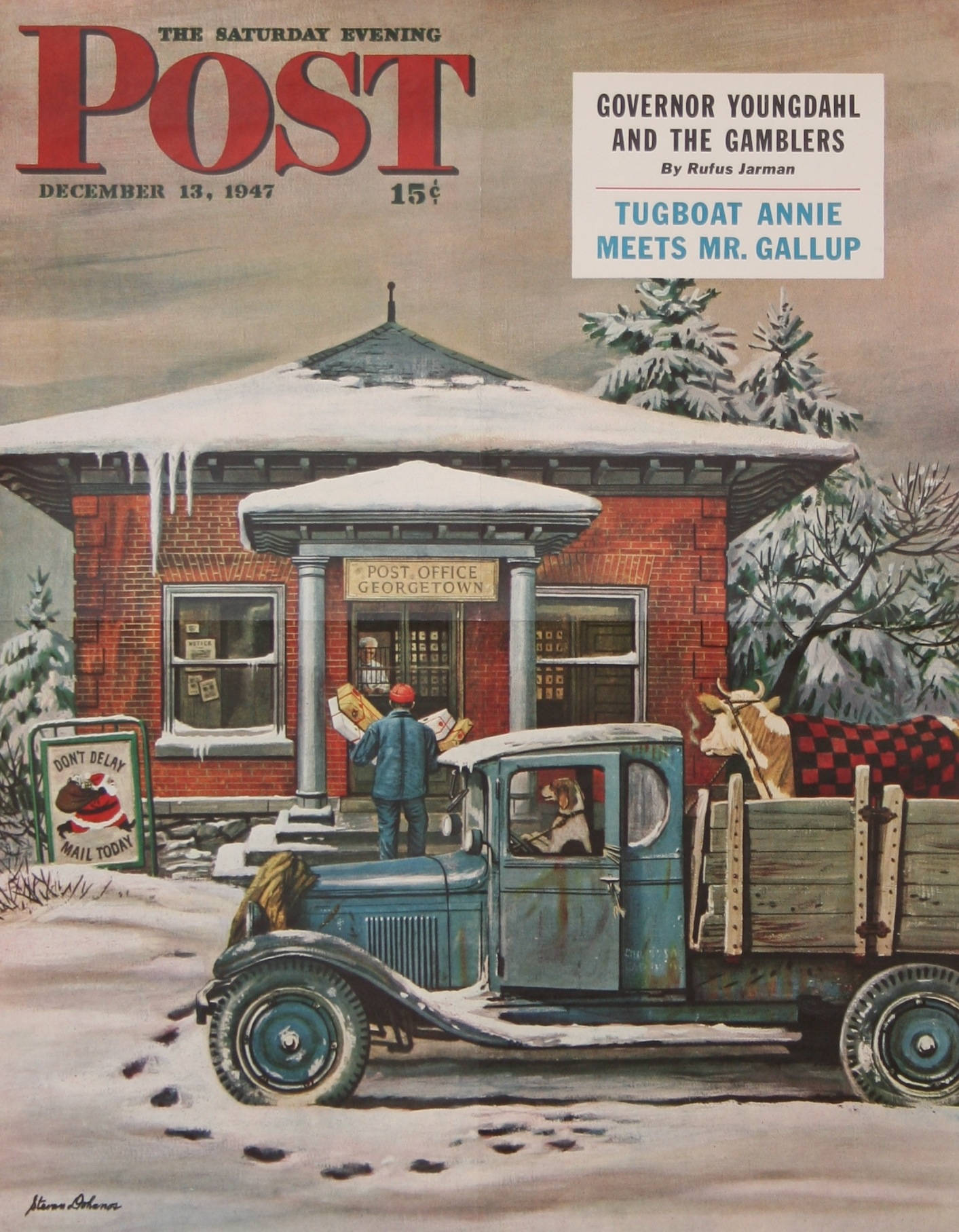 郵政雜誌 壁紙 — 1947年復古插圖，描繪一個被雪覆蓋的磚造郵局，外面停著一輛藍色卡車和一頭牛。