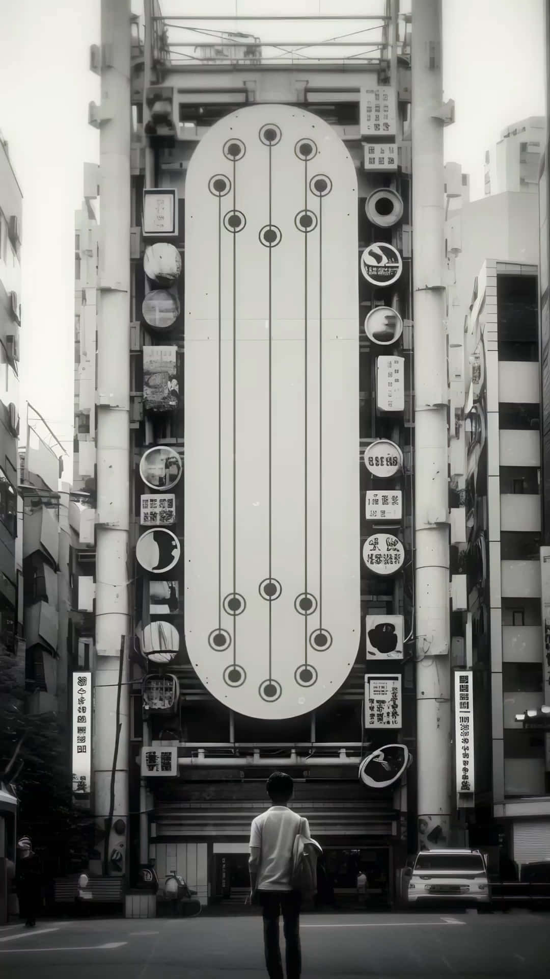 人站在狹窄日本小巷中的大型垂直廣告牌前。