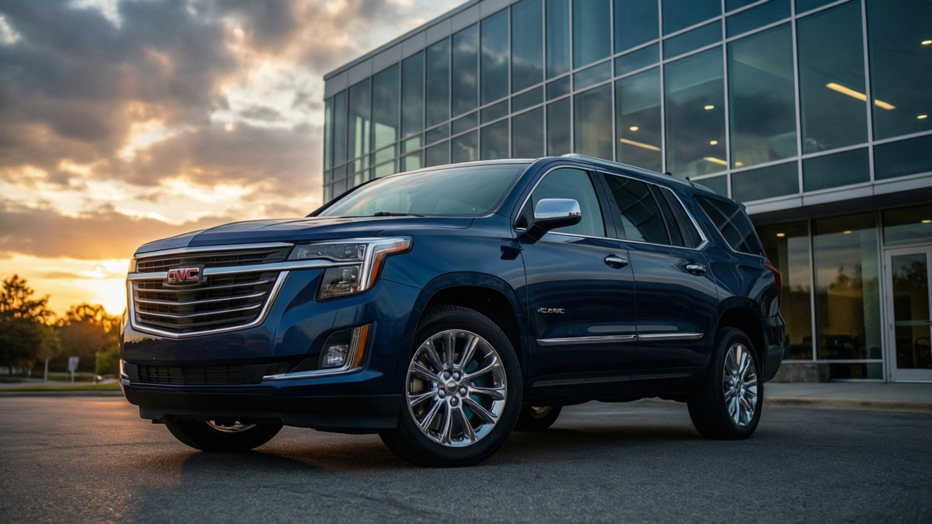 藍色GMC Yukon SUV停在玻璃建築前，日落時分。