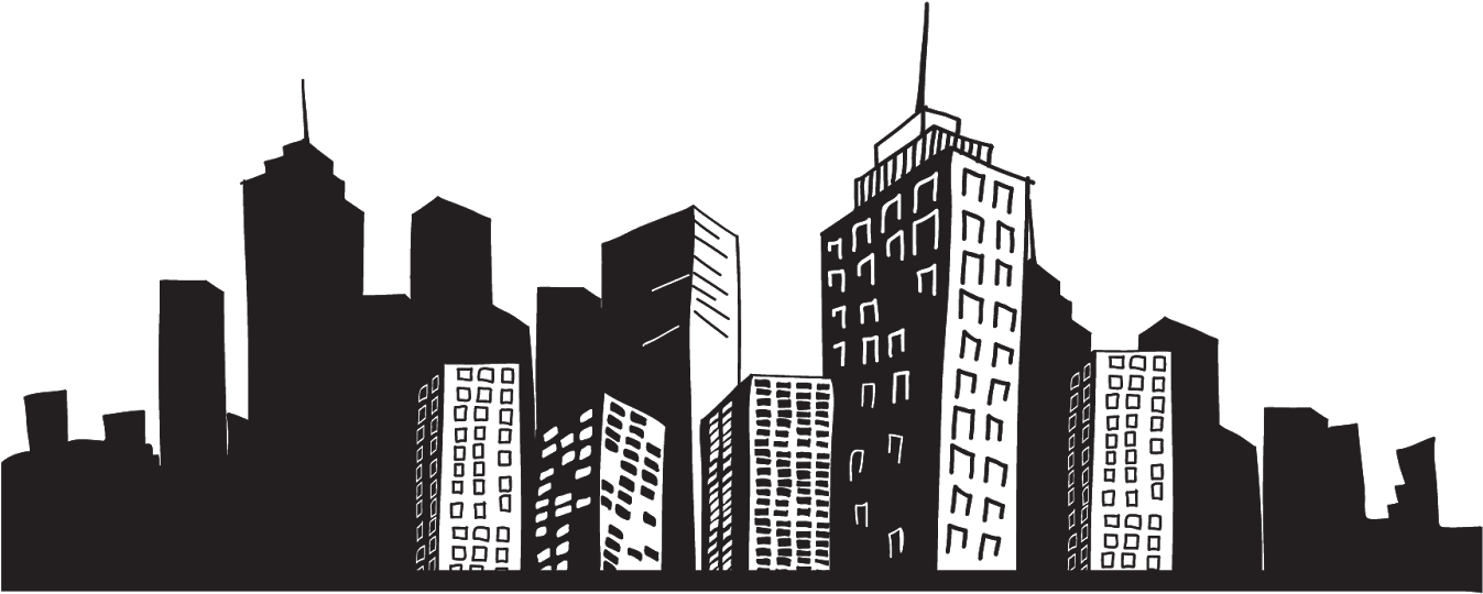 都市剪影天際線 壁紙 — 一個極簡的黑灰色城市天際線剪影，帶有詳細的建築窗戶，背景為深色。