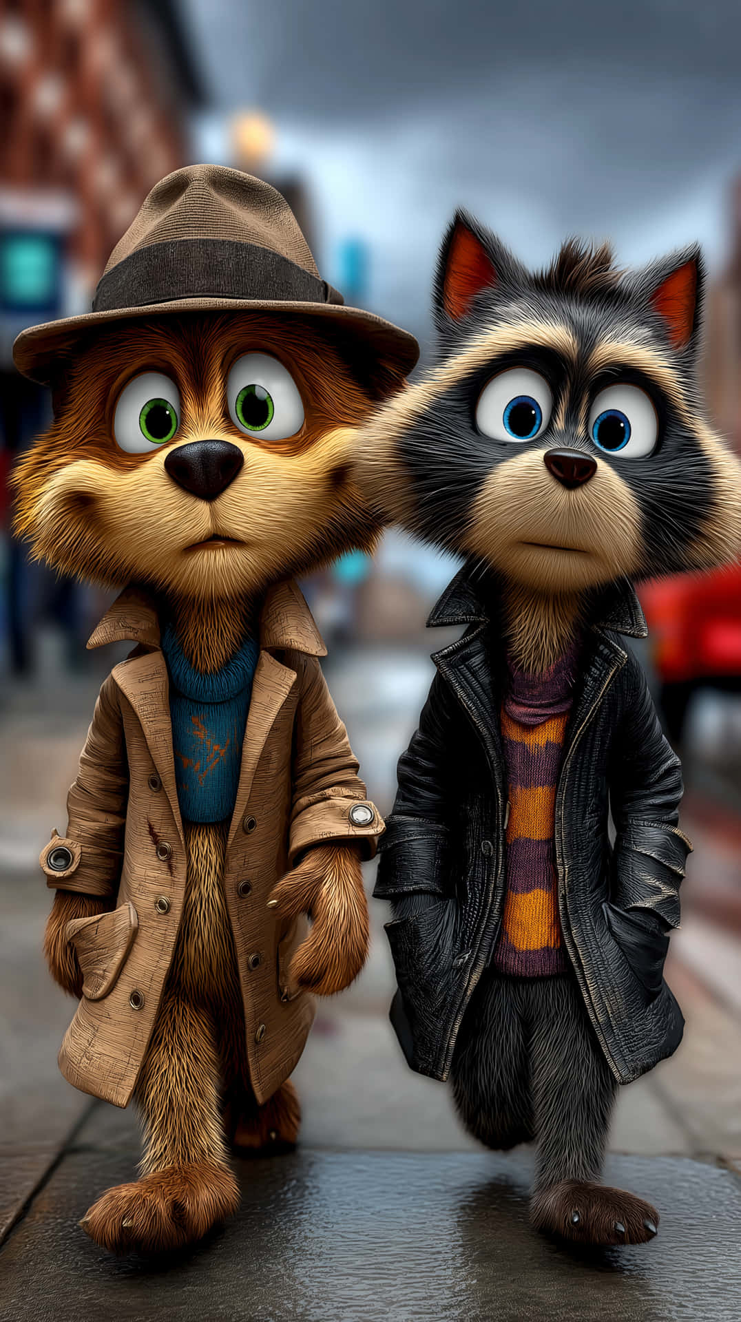 兩個卡通動物朋友，一隻狐狸和一隻浣熊穿著外套，站在潮濕的城市人行道上。