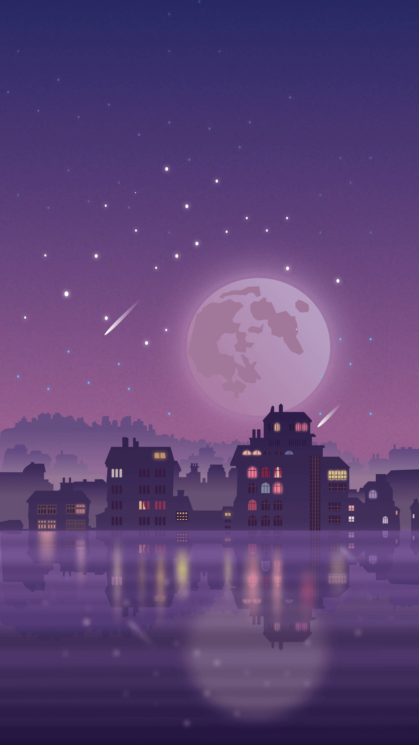 都市夜景極簡安卓壁紙 壁紙 — 寧靜的紫色夜景，閃爍的窗戶，平靜水面倒映著巨大的月亮，星空璀璨。
